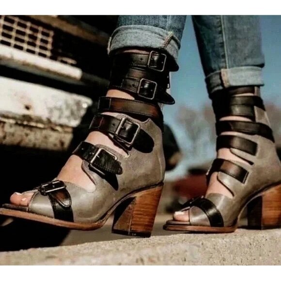 Freebird Steven Bond Stone Leather Distressed Strappy Edgy Buckles Ankle Chunky - Picture 3 of 16